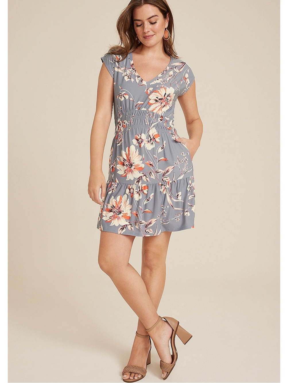 Maurices 24/7 Gray Pink Ruched Dolman Sleeve Mini Dress with Pockets